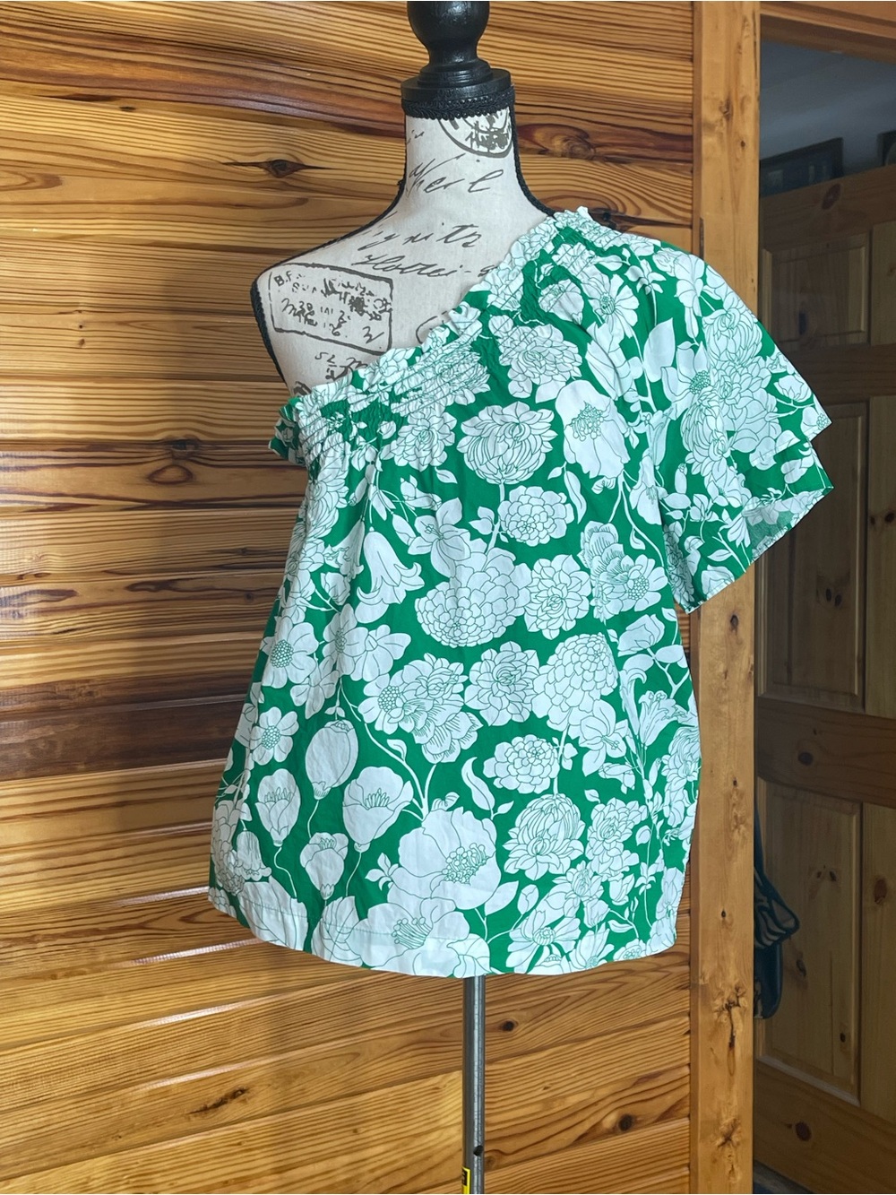 J. Crew Green and White One-Shoulder Floral Blouse